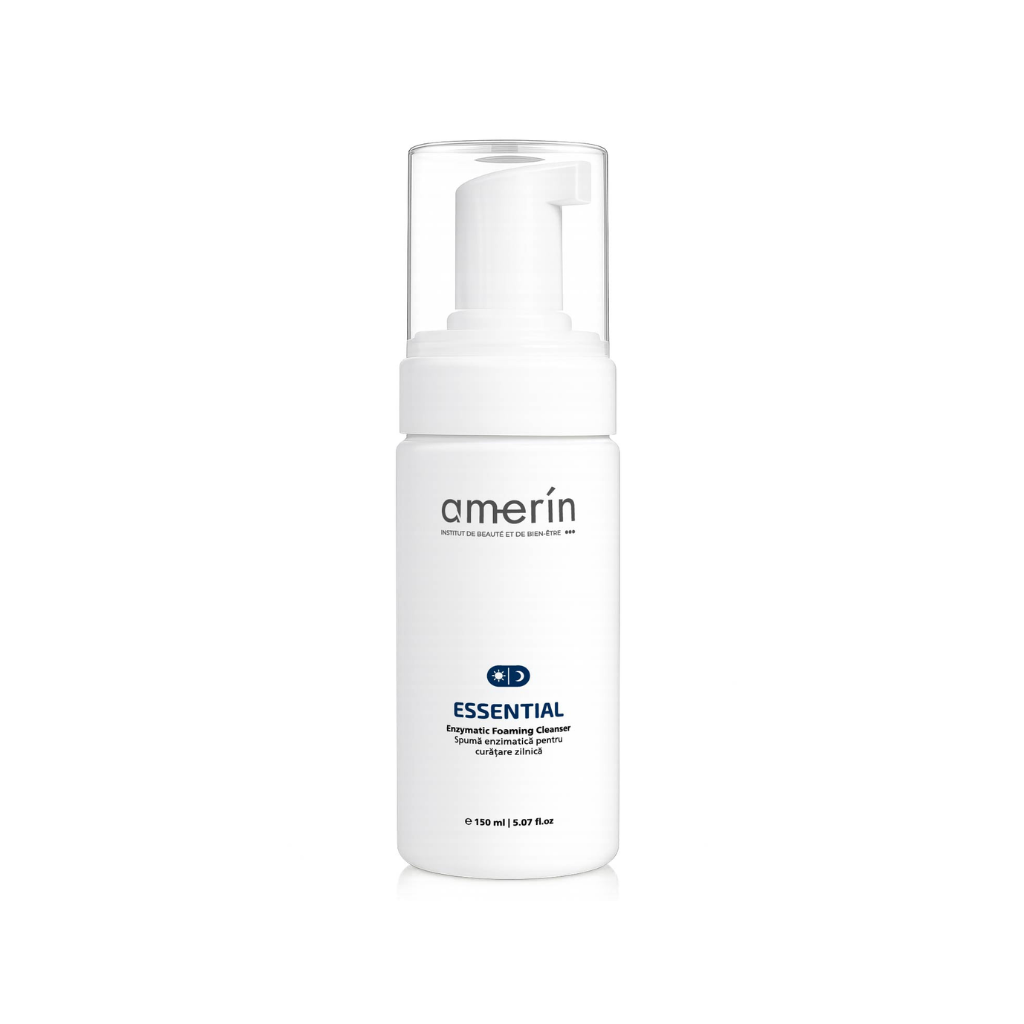 A white bottle of amerín ESSENTIAL | Enzymatic Foaming Cleanser with a clear cap and white pump dispenser, shown on a solid white background.